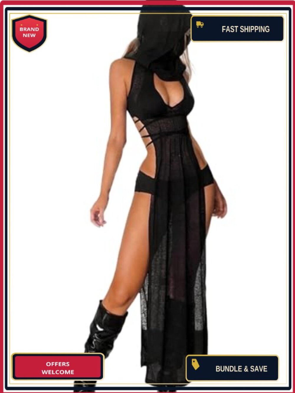 Stretchy High Split Bodycon Hooded Rave Dress Mesh Hood Sleeveless Clubwear